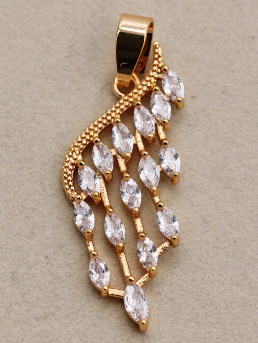 18K Yellow Gold Filled Feather Wing Wave White Diamond Zircon Necklace Pendant